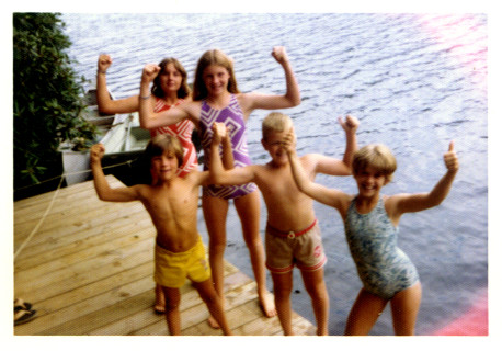 Childhood pic with (L to R) Elizabeth's sister Greer, brother Patrick, Elizabeth, with cousins Christopher and Jean hanging out by the lake